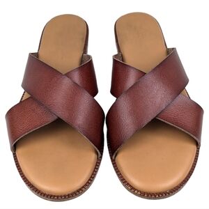 Cynthia Rowley Libra Sandals Wide Strap Criss Cross Vegan Boho Rustic Cognac 6.5